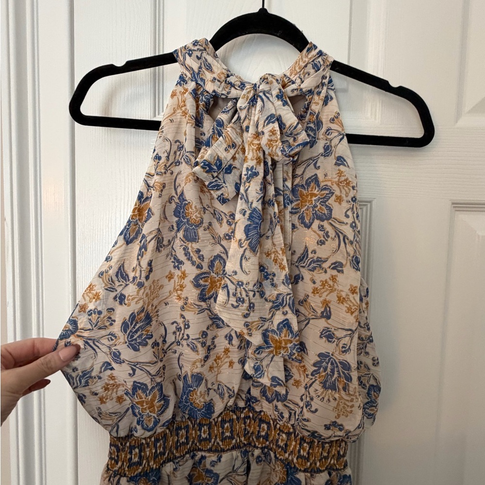 1. State Floral Halter Jumpsuit - Blue and Tan - Picture 2 of 3